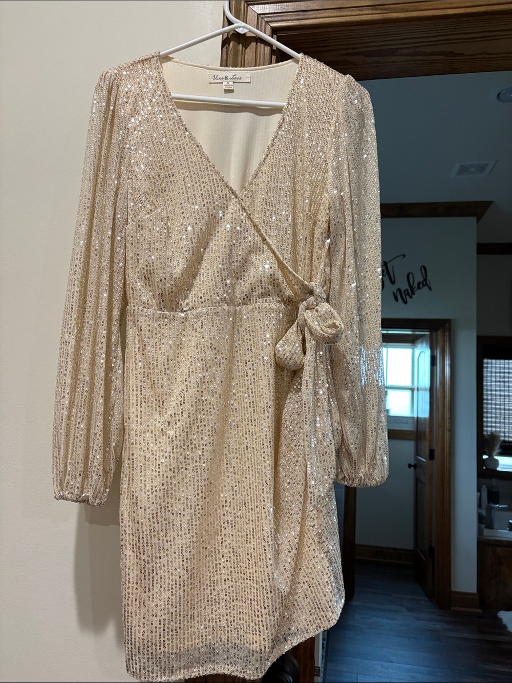 Vine & Love Champagne Sequin Wrap Mini Dress
